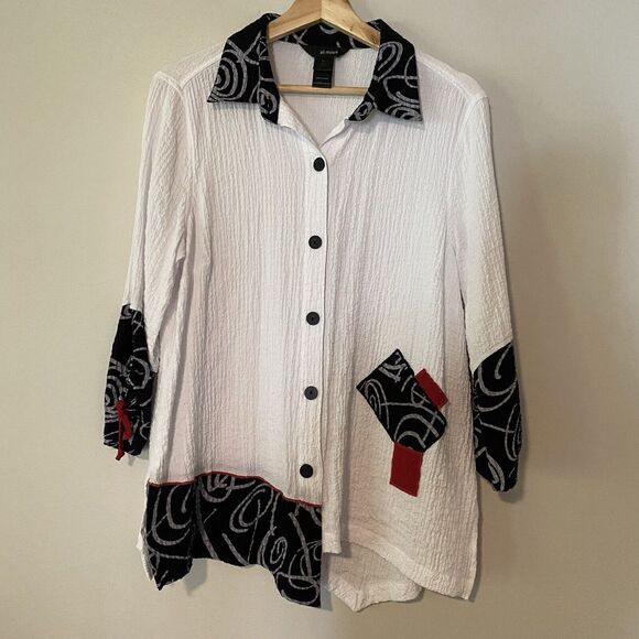 Ali Miles 3/4 Ruched Sleeve Button Up Crinkle Fabric Top Size Medium Lagenlook - Picture 1 of 9